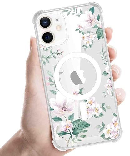 Foonary Transparent Cover Magnetic for iPhone 11 6.1, Compatible with MagSafe with Pink Flower Aesthetics Pattern Case Wireless Charging,Protective Bumper Soft Silicone TPU Cases for iPhone 11