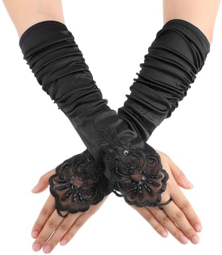 Giantree 1 pair Women 20s Fingerless Satin Gloves, Black Long Opera Gloves with Finger Loops, Formal Bridal Banquet Party Wedding Opera Colorful Mitten, for Women Theme Party Halloween Costume (Black)