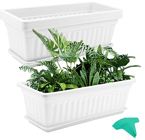 4 Macetas Rectangulares de 43 cm de Largo, Blancas, con Plato | FAAING, Resina Resistente a la Intemperie, Jardineras con Drenaje, Etiquetas de Plantas, para Balcón, Terraza y Jardín
