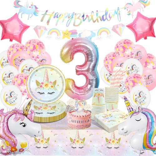 HLEIUKT 3 ans Anniversaire Licorne Decoration Fille, 3 Ans Decoration Anniversaire Licorne Ballon Kit Vaisselle Assiettes Gobelets Serviettes pour Party Fête Anniversaire Fête Décorations (16 Invités)