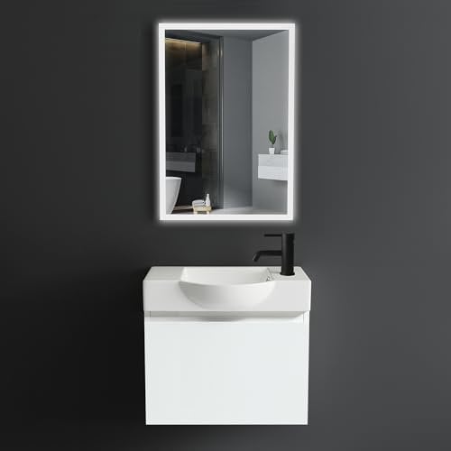 Alpenberger Badmöbel Set mit Waschbecken | Badschrank Hängend | Waschtisch mit Unterschrank | Badezimmerschrank mit Spiegel | Badmöbel für Kleine Bäder + Gäste WC | Waschtischunterschrank Weiss