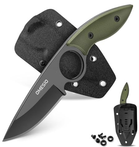 Omesio Coltello da cintura piccolo di eccellente qualità in acciaio 5CR13MoV, coltello a lama fissa con impugnatura in G10 e robusto fodero e clip in Kydex, coltello da esterno conforme a 42A