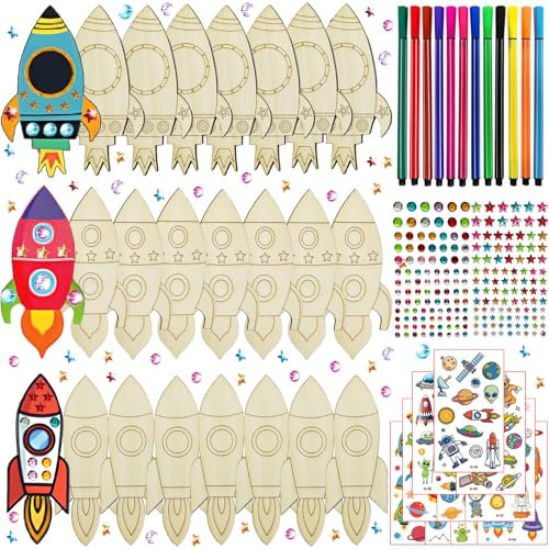 FZYESNO Raketen Holz Bastelset für Kinder, 3 Verschiedene Raketenstile, Weltraum Kindergeburtstag, Holzbastelsets Mit 240 Raketen