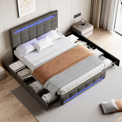 Jovify 4ft6 Double Bed Frame with LED Lighting and 4 Drawers Storage, Linen Fabric Upholstered Platform Bed with Adjustable Button Tufted Headboard, Sturdy Wood Slat Support, No Mattress, Grey