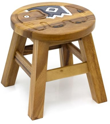 Carousel Home Children's Wooden Elephant Stool | Small Round Wooden Animal Footstool | Kids Elephant Design Wood Step Stool Seat - 25cm
