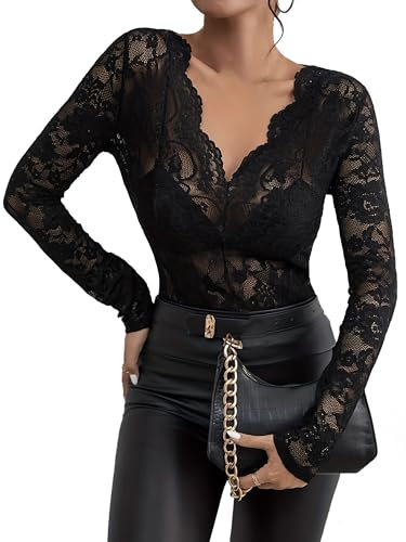 FEOYA Top in Pizzo da Donna Sexy Trasparente Camicetta Elegante Maglia Manica Lunga Floreale Pizzo Shirt con Scollo V Nero M