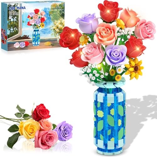 CUBIMANA Rosen-Blumen-Bausatz mit Vase und LED-Licht, 16 Mini-Blumensträuße, botanisches Bausteinspielzeug für Erwachsene, Muttertagsgeschenk, künstliche Blumen als Heimdekoration und Ausstellung