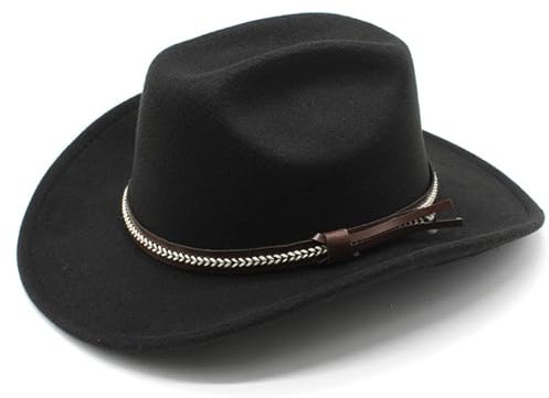 Boarle Wide Brim Felt Cowboy Hat for Men and Women,Roll Brim Jazz Hat with Strap Premium Quality Cowboy Hats for Men Cowboy Hats (Black)
