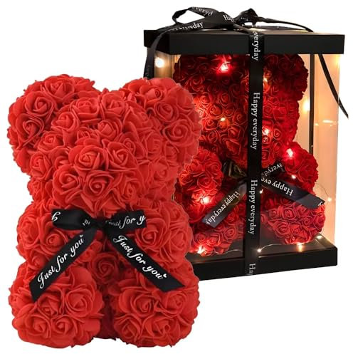 EXTRALINK 25 cm LED Rosen Teddybär Romantisches Geschenk aus Schaumstoffrosen mit Beleuchtung, ideal für Valentinstag, Muttertag & besondere Anlässe In eleganter Geschenkbox, Rosenbär