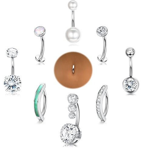 Chriscoco 9 Stück 14G Bauchnabelpiercing Chirurgenstahl Bauchnabelpiercing Ring Silber/Gold CZ Clicker Piercing Bauchnabel Bauchnabelpiercing Set für Frauen Belly Piercing Schmuck, S