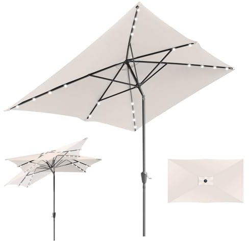 Fiqops Sombrilla 210 x 140 / 300 x 200 cm con manivela | Sombrilla rectangular protección solar UV50+ plegable, sombrilla de jardín, impermeable, para jardín, terraza, sin soporte, Beige With LED, 300