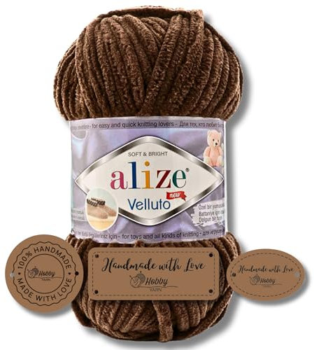 Hobby YARN 3x Etikettenlabel mit Alize Velluto Wolle Premium 1x100g als Set, Dicke Wolle zum Häkeln (Teddy Brown - 493)