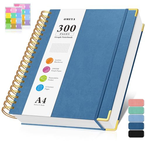 Notizblock A4 Kariert, Spiralblock Notizbuch mit 300 Seiten, 100GSMblock kariert, Hardcover Leder Spiralbindung Notebook für Frauen und Männer,Großes Notizbücher für Arbeit Büro Schule, 21.5 x 27.9cm