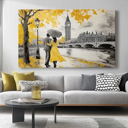 Leinwand Bilder 50L x50B cm Wanddeko Wohnzimmer Aesthetic Room Decor Deko Ölgemälde Stadtlandschaft Paar Rücken Zimmer Wandbilder Modern Bild auf Leinwand Moderne Kunst Grau Gelb