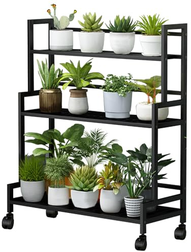 Pflanzenständer Blumenständer, 3 Etagen Metall Pflanzenregal mit 4 Rollen | Pflanzentreppe, Blumentopf Topfhalter, Multifunktionales Pflanzenregal für Outdoor Indoor Balkon, Garten, Wohnzimmer