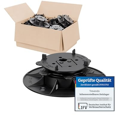 Trevendo CLEVER LINE Lot de 25 plots (25-40 mm), réglables en hauteur, pour plaques de pierre, planches en WPC et en bois, capacité de charge jusqu'à 500 kg, avec croix de joint et adaptateur en L