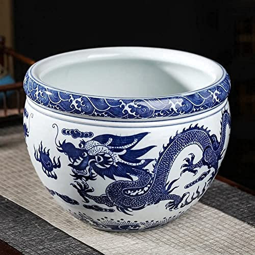 LAUMZX Large Chinese Blue & White Porcelain Fish Bowl Planter Traditional Ceramic Dragon Pattern Pot Oriental Style Indoor Outdoor Plant Container For Living Room Patio Deck Decor