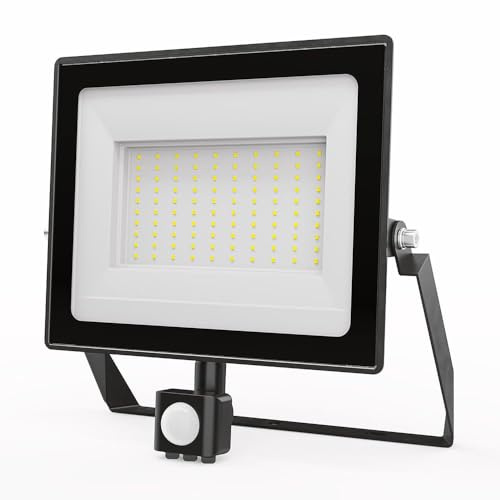 HOFTRONIC Stratos LED Fluter mit Bewegungsmelder & Dämmerungsschalter 100W – 8700 Lumen – 6500K Kaltweiß – IP65 – Außenstrahler mit PIR-Sensor für Garage, Einfahrt, Garten & Terrasse - Schwarz