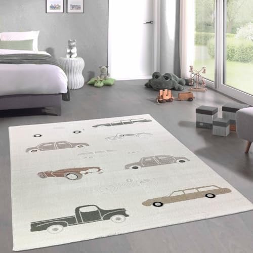 CARPETIA Teppich Spielzimmer Kinderzimmer Babyzimmer Verspieltes Automuster 3D-Struktur pflegeleicht kuschelig weich langlebig warme Farben hochwertig Creme Beige 120 x 170 cm