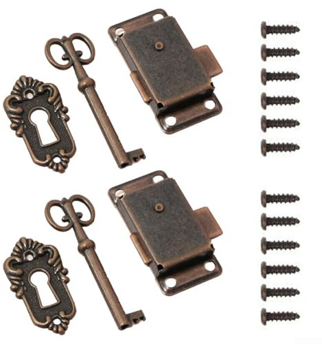 Zilimontt Vintage Schranktürschloss mit Schlüssel, 2er-Set, antikes kleines Kastenschloss, Möbel, Schubladenschloss für Holzschmuck, Wein, Werkzeug, Kommode, Schrank aus roter Bronze-Zinklegierung