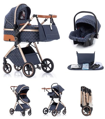 Kakbgee 3 in 1 Kinderwagen, Buggy Kompakte Faltbar,Höhenverstellbarer Griff | Kinderwagen mit Babyschale, 4-Rad Federung, Regenschutz, Moskitonetz, Kombikinderwagen für Neugeborene 0-3 Jahre,15kg, Blau