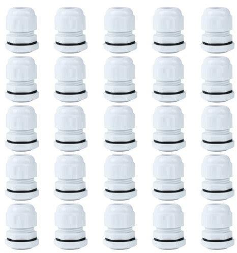 LiangSanXin 25Pcs M20 IP68 Nylon Cable Glands for 6-12mm Electrical Cables | White waterproof compression connectors, equipped with locknuts & washers, durable nylon conduit glands for wiring sealing