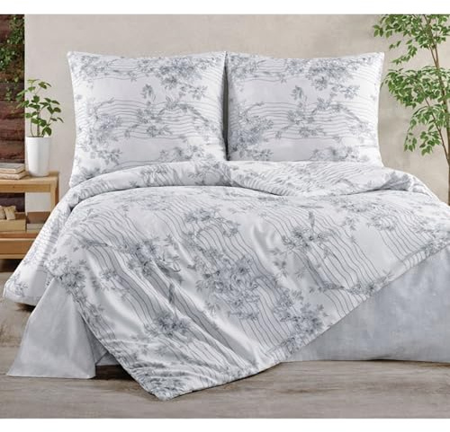 ZIRVEHOME Bettwäsche 155x220 cm 2-teilig Weißer Bettbezug 155x220cm mit feinem Blumen, Vogel und Linienmuster in Grau und Schwarz, Bettwäsche-Set 155 x 220 cm. MelodyV1