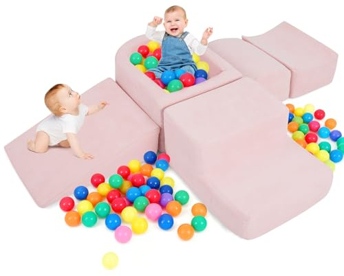DREAMADE Parcours Motricité Bébé 5PCS avec Housse Lavable, Blocs de Construction avec Piscine à Balles, Module Motricité pour Enfant 3+ Ans, sans Balles (Velours Côtelé,Rose)