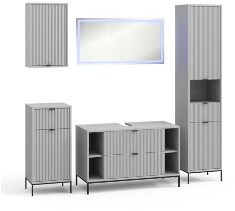 Vicco Badmöbel-Set Eliza, Grau, 100 cm, besteht aus Waschbeckenunterschrank, Spiegelschrank, Hochschrank, Midischrank und Hängeschrank
