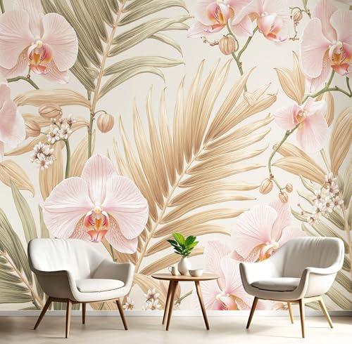 SMBHIAON Papier Peint Panoramique 3D Tropical Plants 450 × 315 Cm Reeds Orchids Palm Leaves Tapisserie Papier Peint Pour Chambre Salon Chambre Décoration Murale,Light Pink