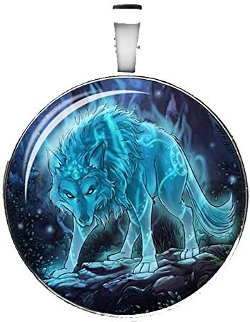 Merchandise for Fans Halskette mit Anhänger/Silberschmuck/Indianerschmuck. Farbe: Silber, Motiv: Wolf nachtleuchtend, fluoreszierend (04)