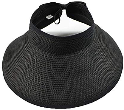 Ulalaza Chapeau de plage pliable en paille pour femme avec joli nœud papillon UPF 50+ pliable à large bord, Noir , Taille unique