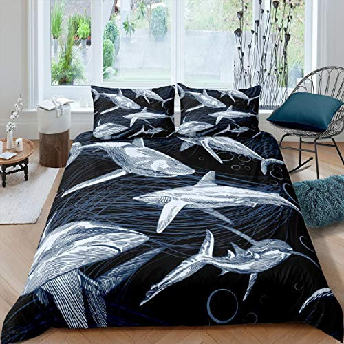 Loussiesd Hai Drucken Bettwäsche Set Wilder Hai Bettbezug Set für Kinder Jungen Unterwasserwelt Oase Bettwäsche 155x220cm Ozean Tier Blau Lines Hai Muster Raumdekoration