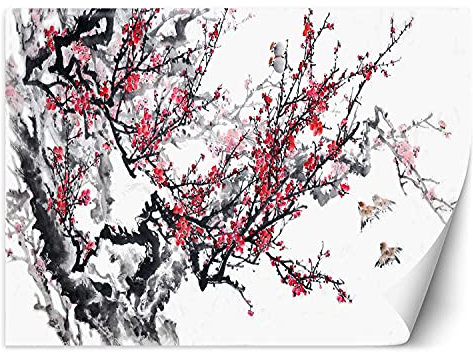 Feeby Fototapete Moderne Wanddeko Wandbild Zweig Kirschblüte 350x245 cm Rosa Wandtapete Design Kinderzimmer Küche Büro Flur Wohnzimmer Aquarell Japan