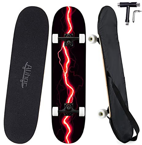 31-Zoll-Standard-Skateboard, 7 Lagen Ahorndeck, komplettes Skateboard, geeignet für Kinder, Jugendliche, Erwachsene, Anfänger und Profis, mit Einer maximalen Belastung von 150 kg-Red Lightning