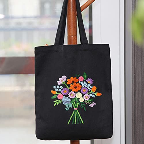 Namvo Stickset Canvas Tragetaschen mit Blumenmustern, Bambus Stickrahmen, Farbf?den Nadeln DIY Kreuzstich Kits für Anf?nger Schwarz