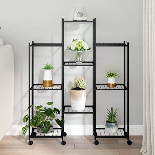 Festnight Blumenständer Metall mit Rollen Blumenregal aus Eisen Pflanzenständer Metall Garten Eck-Pflanzenregal Blumentreppen Pflanzenregalen Pflanzenregal Blumentreppe 83x25x103,5 cm Schwarz Eisen