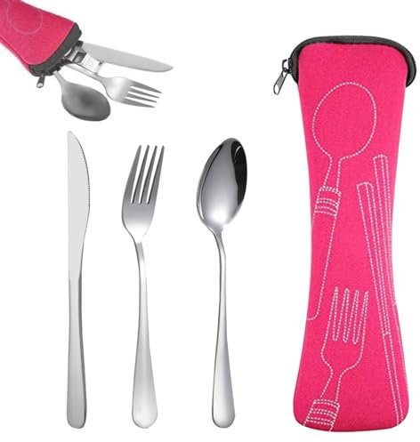 Voyage Ensemble Couverts Set, Couverts portatifs en Acier Inoxydable, Couverts de Camping avec Étui en Néoprène pour Camping,Pique-Nique, Festivals et Les Voyages-Rose
