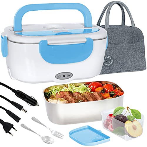Scaldavivande Elettrico Portatile con Borsa Termica 1.5L (55W 220V), Lunch Box Portavivande Termico Elettronico Portatile in Acciaio Inox, Porta Pranzo da Ufficio e Auto, Blu