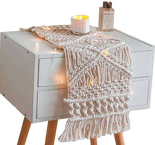Makramee Tischläufer, Boho Tischläufer Beige Leinen Tischläufer, Untersetzer Bauernhaus, Rechteckig, Baumwollse 22 X 62 cm/8,7 X 24,4 Zoll Handgewebt Häkelspitze Elegante Hohle Mesh