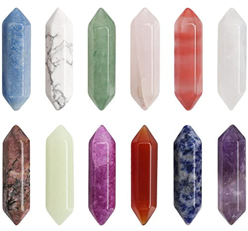 LoQuick 12Pcs Healing Crystal Set, Columna Hexagonal Cristal Bicúspide, Reiki Bullet Gemstone, Amatista Natural, Ornamento Espiritual, Regalo Ideal para Meditación