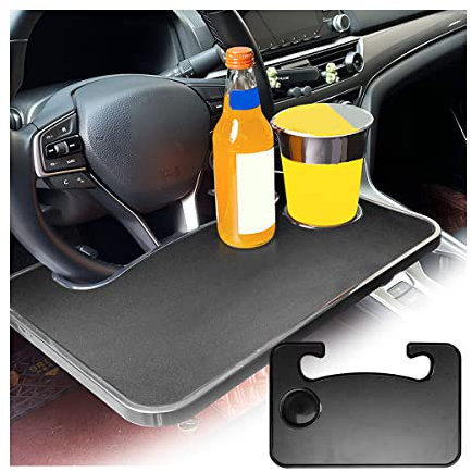 BESULEN Auto Lenkrad Schreibtisch, 2 in 1 Auto Lenkrad Tablett für Lebensmittel Getränke Essen, Laptop, Tablet, Notebook, Universal Doppelseitiger Reisetisch für die meisten Fahrzeuge (schwarz/matt)