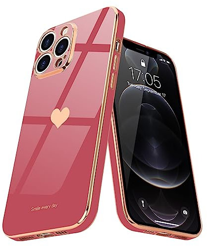 Teageo for iPhone 12 Pro Max Case Cute Heart Pattern for Women Girls Slim Luxury Bling Plating Soft TPU Anti-Scratch Shockproof Bumper Phone Case for iPhone 12 Pro Max, Bright Blush