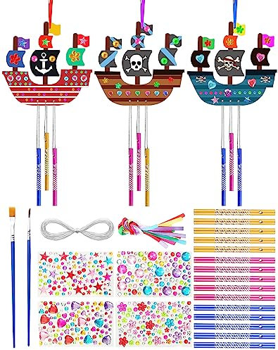 Anvin Wood Wind Chime Make Your Own Chimes 10 Pack Pirate Ship Ornaments Wooden Chime Kits with Gem Diamond Stickers for DIY Arts and Crafts Kids Birthday Party Gift Making Craft Fun