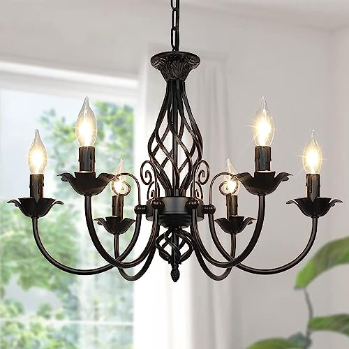 ENXING Lustre Ferme Bougie 6 lumières pour Salon Rustique Industriel Suspension Plafond Vintage Lampe à Suspendre pour Chambre Couloir Cuisine Salle à Manger Foyer Noir Mat Plafonnier (Color : Noir)