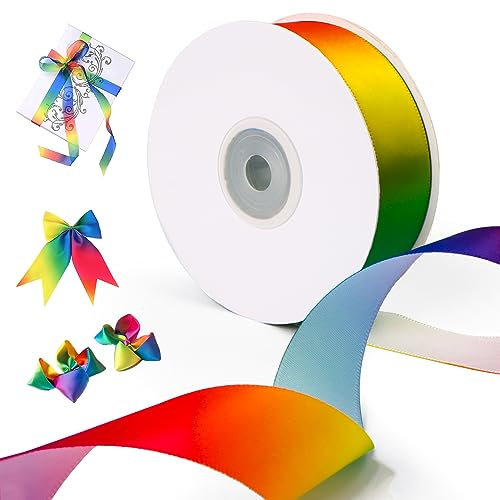 Encuryna Halloween Bunt Satinband, 1 Rollen 25mm x 22m Rainbow Schleifenband Dekoration, Regenbogen Stoffbänder Bänder Geschenkband Stoffband für Hochzeit Geschenkverpackungen (Regenbogen)