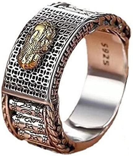 Feng Shui Mantra Ring, Neuheitsring, Feng Shui Pixiu Mantra Ring Silber Buddhistisches Glücksbringer Amulett Mantra Doppelter Schutz Reichtum Liebe Gesundheit Ring Geschenk for Männer Frauen Einstellb