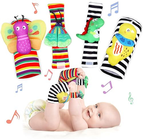 Venditer Bébé Poignet et Chaussettes Hochet, 4Pcs Hochet Poignet Bebe Bell Strap Poignet et Pied Finder Hochets et Chaussettes, Jouet de Développement Sensoriel Cadeau Garçons Filles