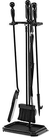 COSTWAY 5 Piece Fire Tools Set, Iron Fireplace Fireside Companion Brush, Poker, Shovel and Tong, Perfect for All Rooms Fire Place (4 Holders, Rectangular Base, Black)