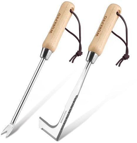 WORKPRO Herramientas de Deshierbe 2 Piezas, Extractor y Horquilla para Malas Hierbas y Grietas, Desherbador Manual con Mango de Madera y Filo Dentado, Azadillas para Jardinería